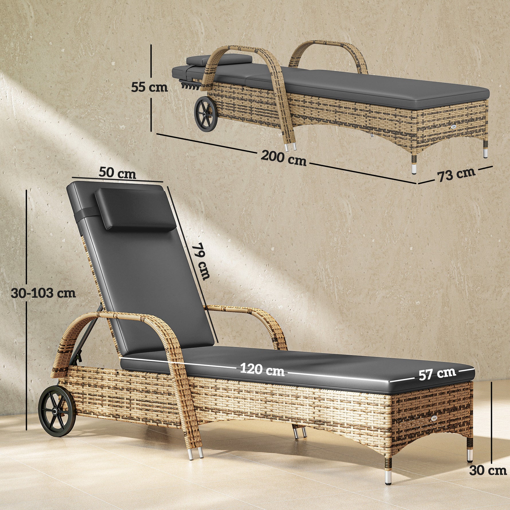 Transat bain de soleil matelas inclinaison réglable multipositions accoudoirs roulettes 200 x 73 x 30-103 cm jaune