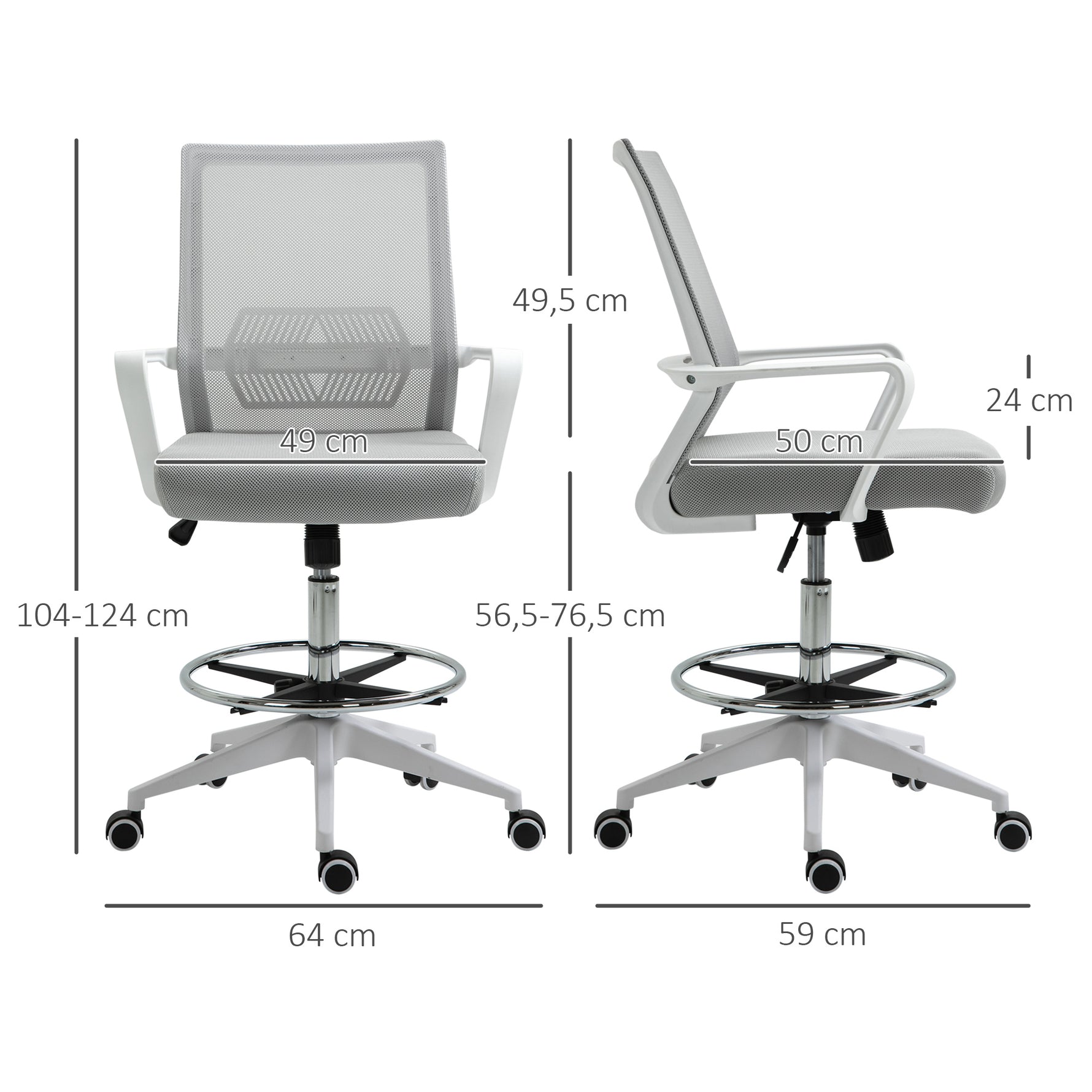 Lot de 2 fauteuils de bureau chaise de bureau assise haute réglable dim. 64L x 60l x 106-126H cm pivotant 360° maille