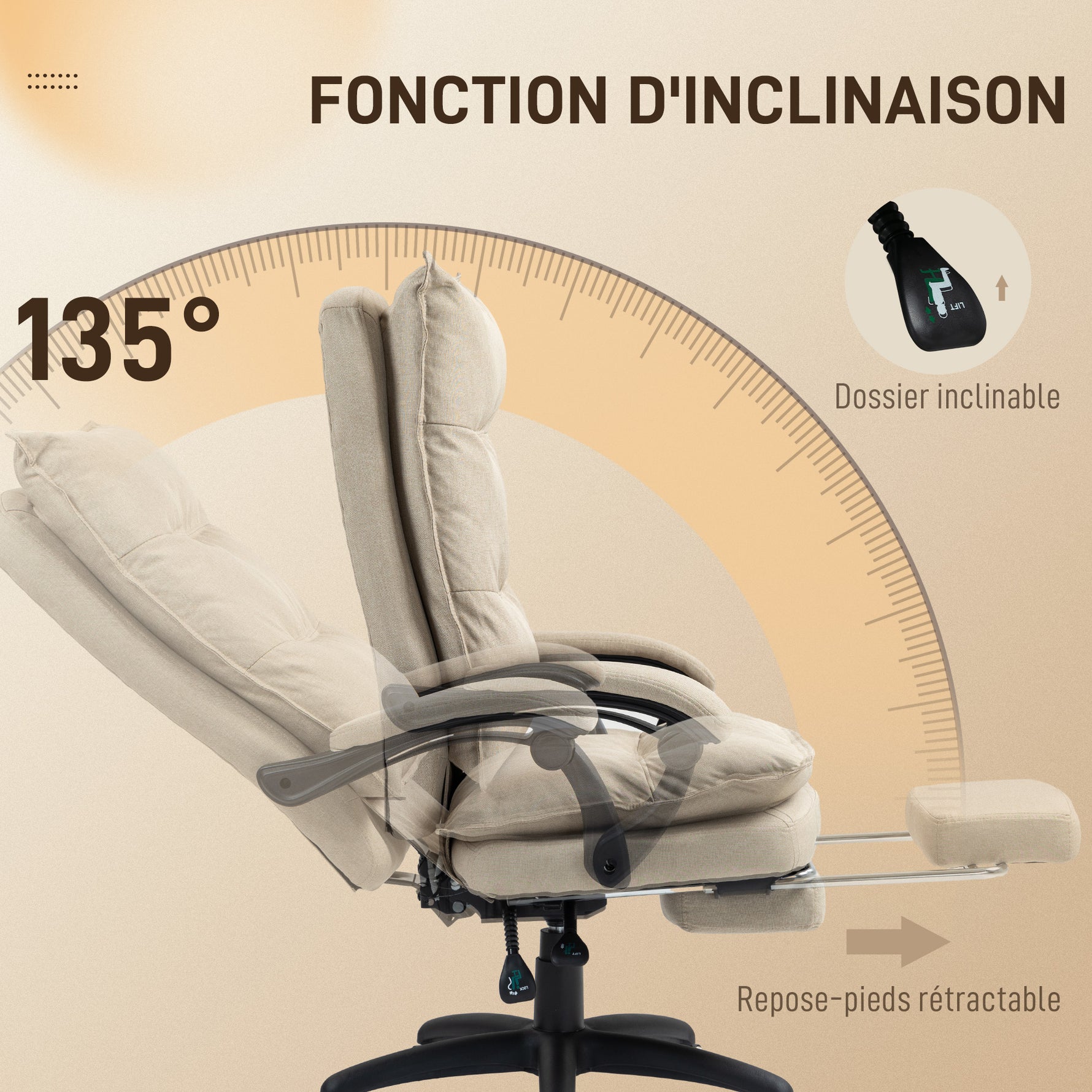 Fauteuil de bureau massant avec hauteur réglable, dossier inclinable, repose-pied intégré et télécommande filaire beige