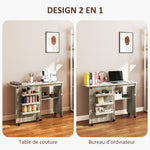 Table de couture pliante meuble couture à abattant avec bacs de rangement, étagère ouverte et roulettes effet bois grisé