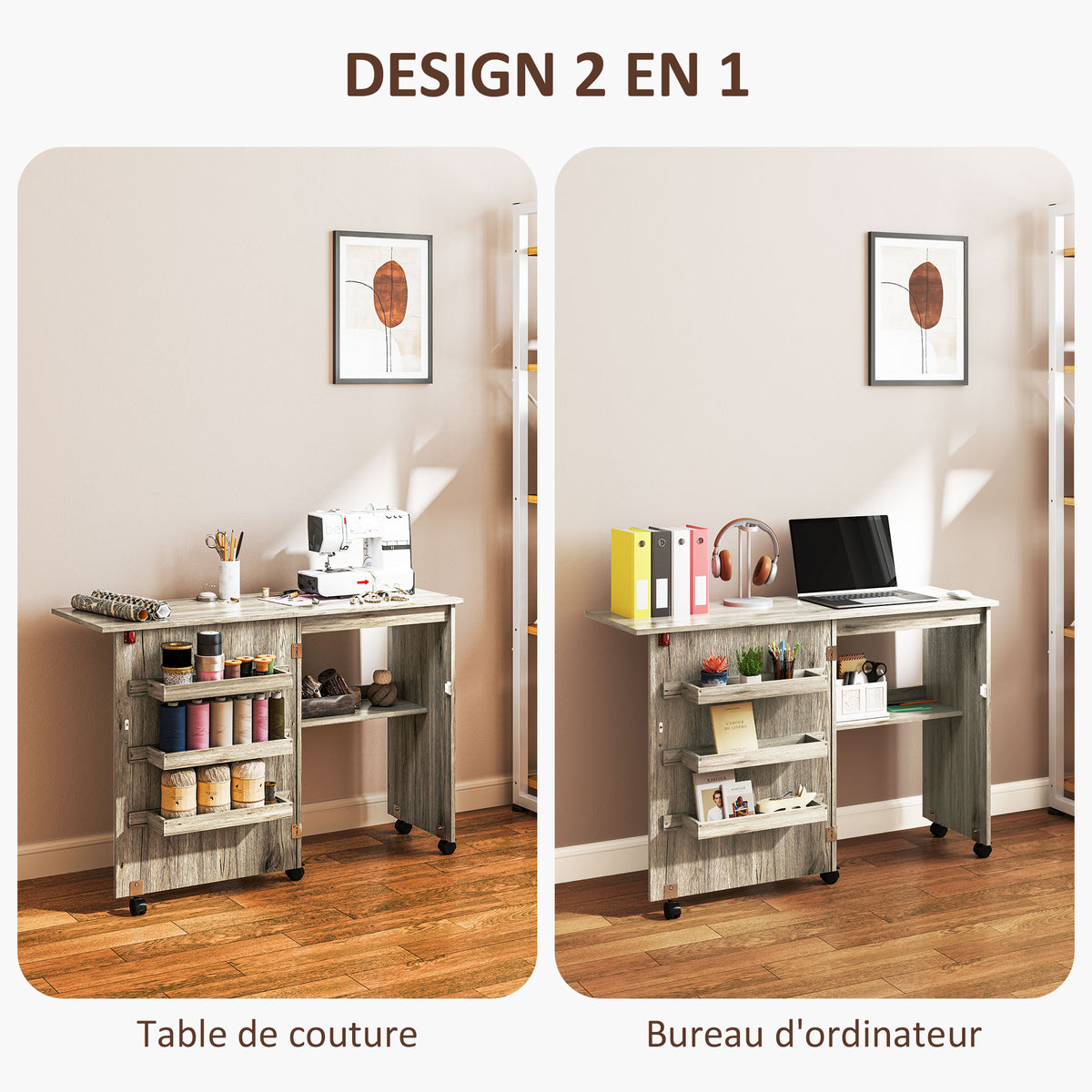 Table de couture pliante meuble couture à abattant avec bacs de rangement, étagère ouverte et roulettes effet bois grisé