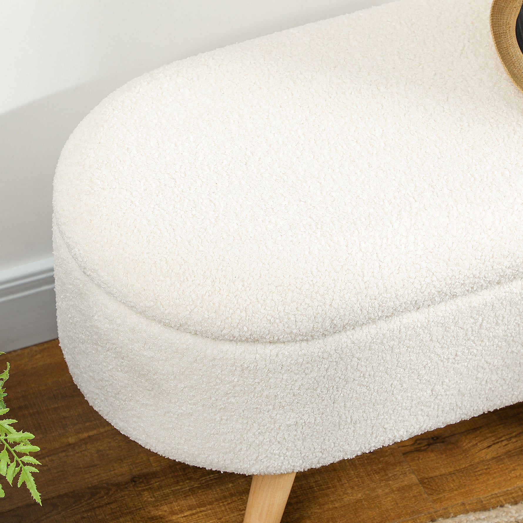 Banc de Rangement, Bout de Lit Rembourré en Peluche Teddy avec Couvercle et Pieds en Bois, 82 x 41 x 45 cm, Blanc