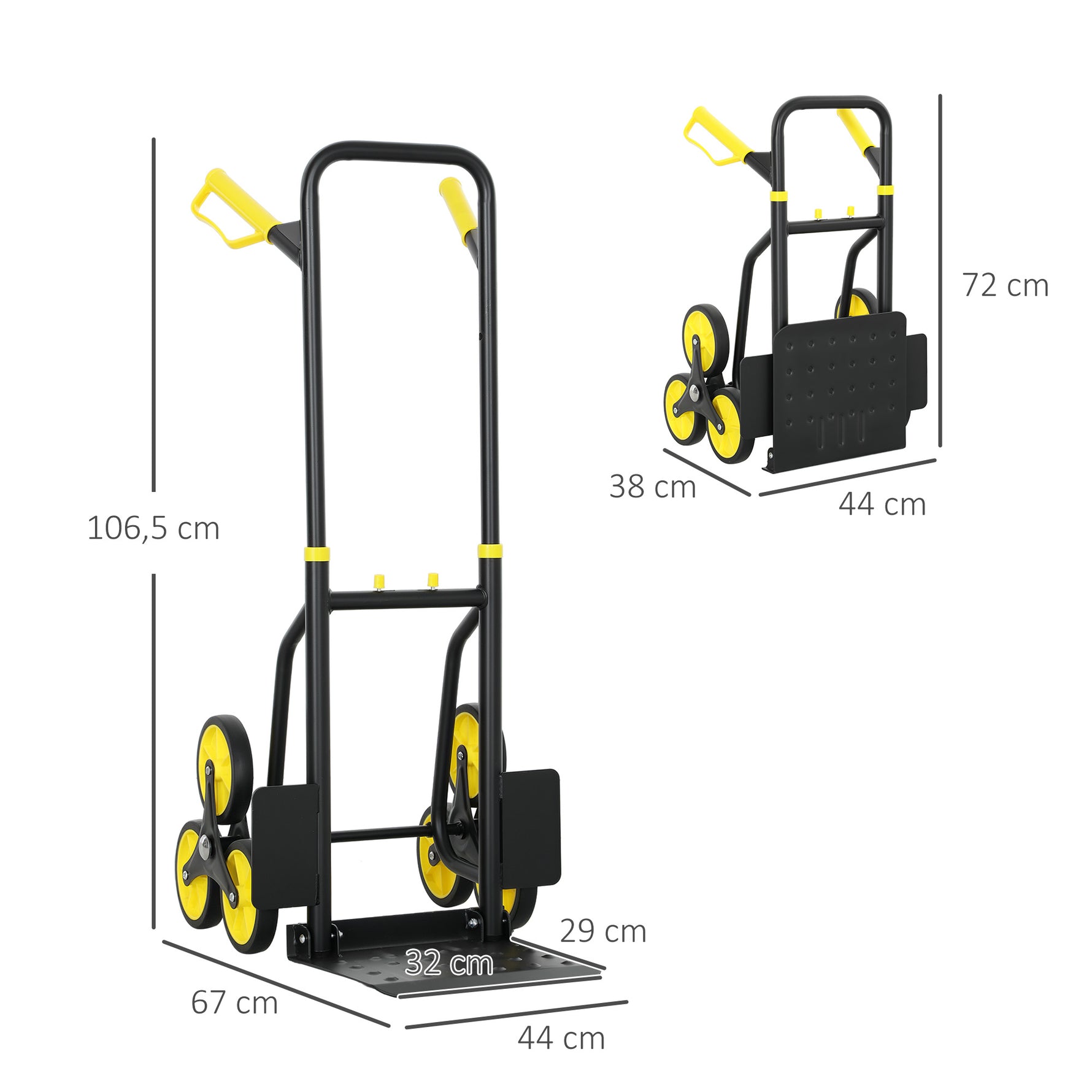 Diable d'escalier pliable 120 kg 6 roues, diable demenagement en acier avec cordes télescopiques, 44x67x106,5cm, jaune