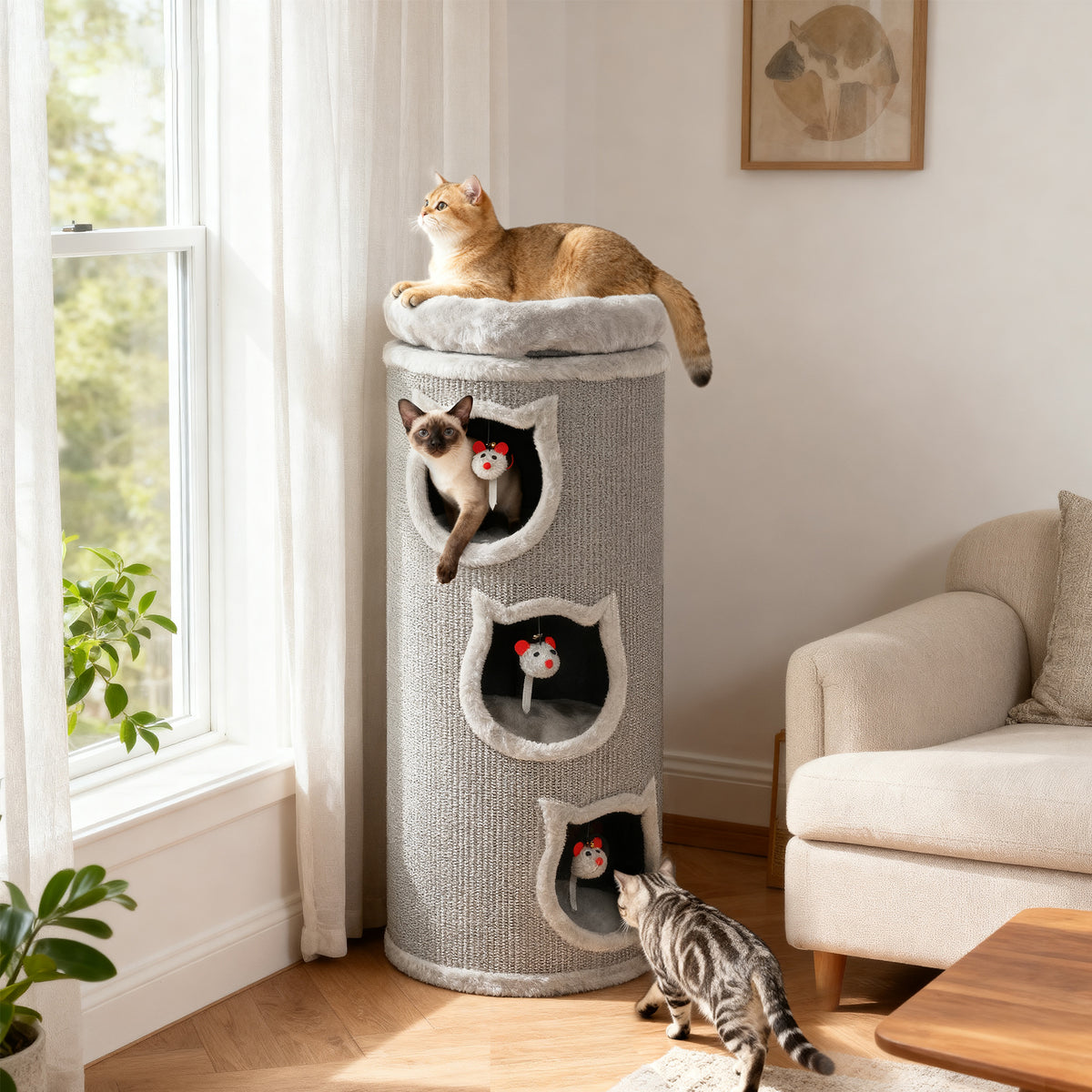 Tiragraffi a colonna, torre per gatti in sisal con bordo in peluche, 3 livelli con piattaforma, stabile, Ø 38 x 96 cm grigio