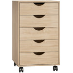 Caisson bureau mobile, meuble rangement sur roulettes avec 5 tiroirs, bois, 40 x 40 x 67 cm, chêne