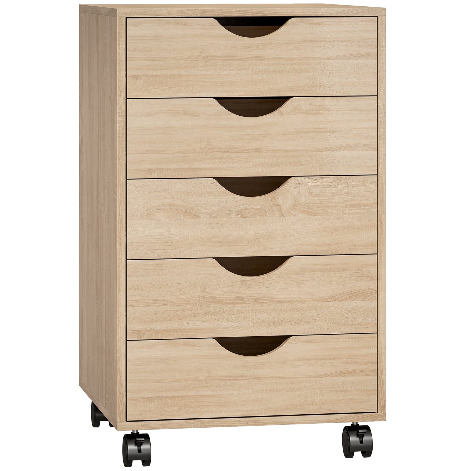 Caisson bureau mobile, meuble rangement sur roulettes avec 5 tiroirs, bois, 40 x 40 x 67 cm, chêne