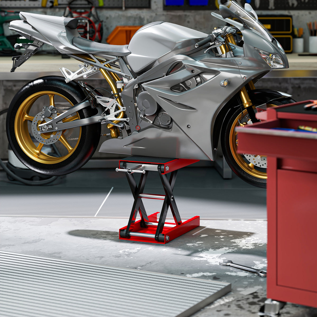 Motorfiets schaarlift 500 kg, hefhoogte 10-37 cm - Stalen motorlift met antislip-platform - Offroad-werkplaatsstandaard voor onderhoud, rood