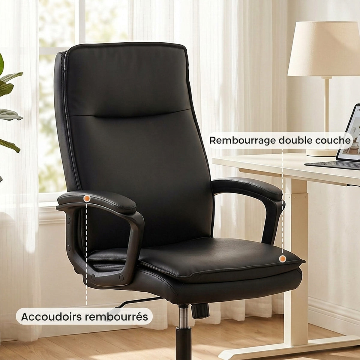 Chaise bureau ergonomique, fauteuil de bureau en PU, hauteur réglable, fonction bascule, pivotante 360°, noir