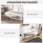 Banc bout de lit en forme demi-lune style Louis XVI structure en bois massif sculpté siège en tissu aspect lin crème