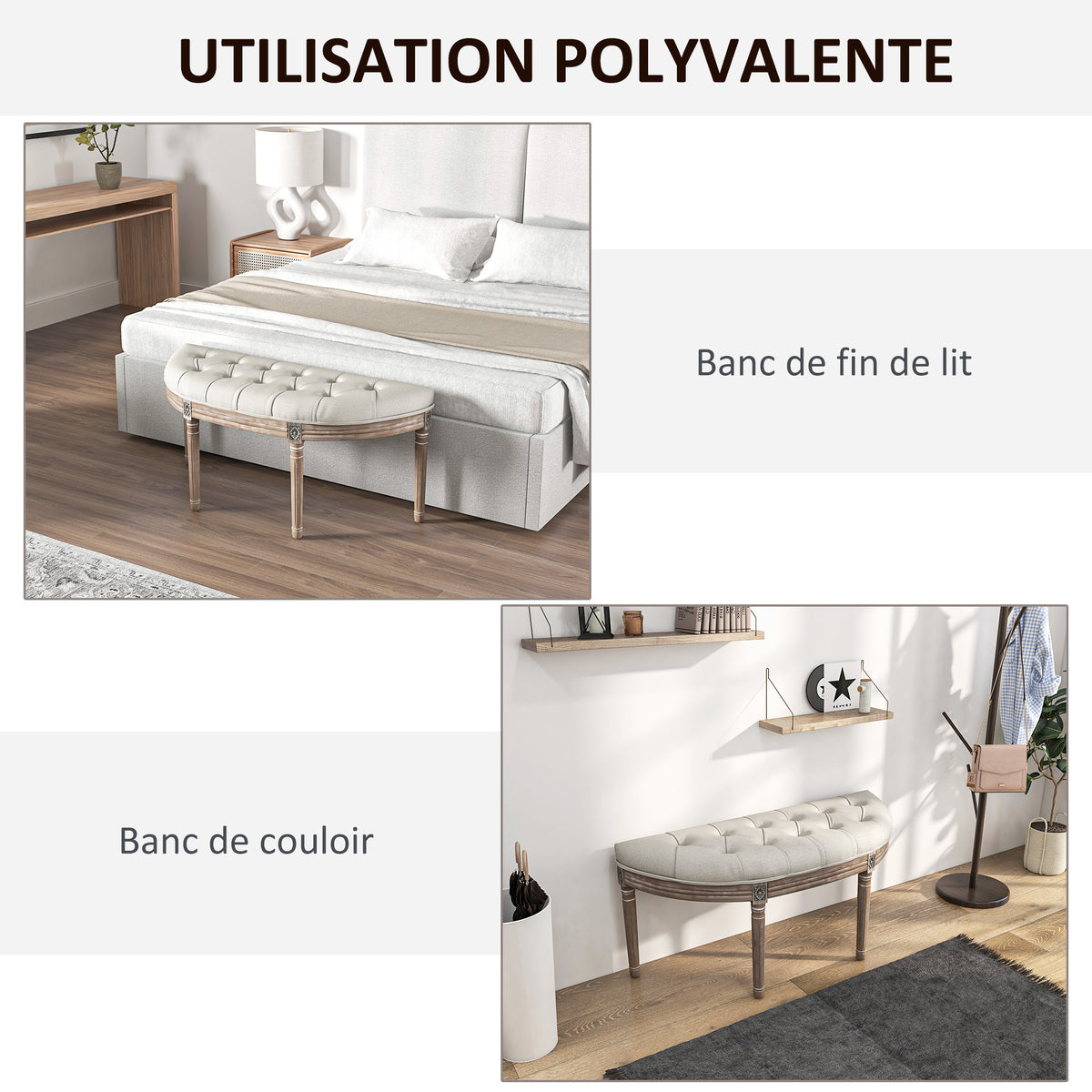 Banc bout de lit en forme demi-lune style Louis XVI structure en bois massif sculpté siège en tissu aspect lin crème