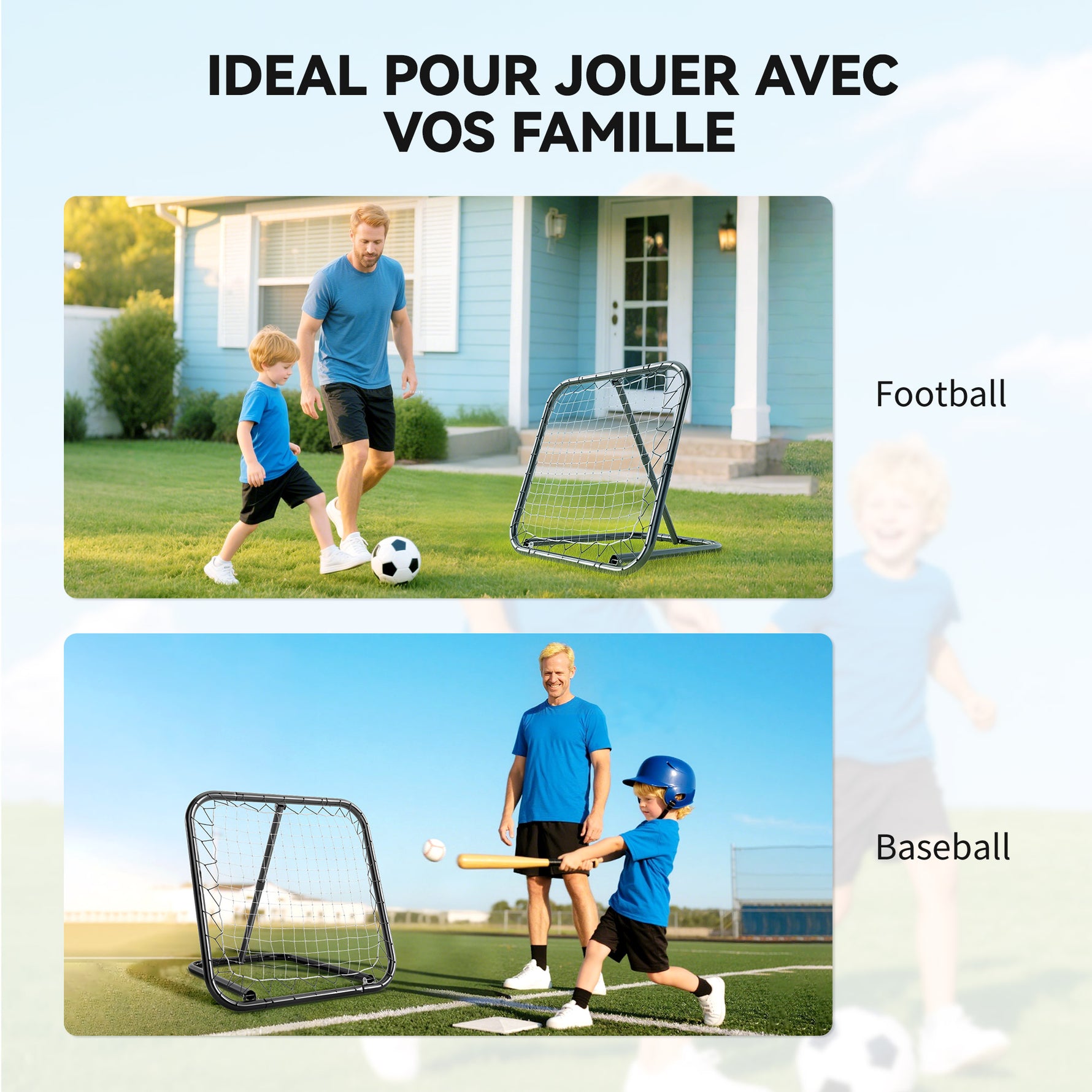 Filet de rebond de football rebondisseur de football ajustable pliable portable 4 piquets de fixations au sol filet de PE noir blanc 78 x 84 x 78 cm