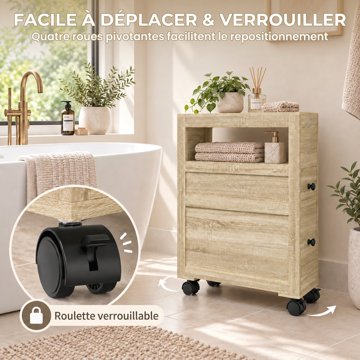 Badezimmer-Aufbewahrungsmöbel auf Rollen WC-Schrank Toilettenregal offenes Regal 2 Schubladen 16 x 52 x 71,5 cm Eiche