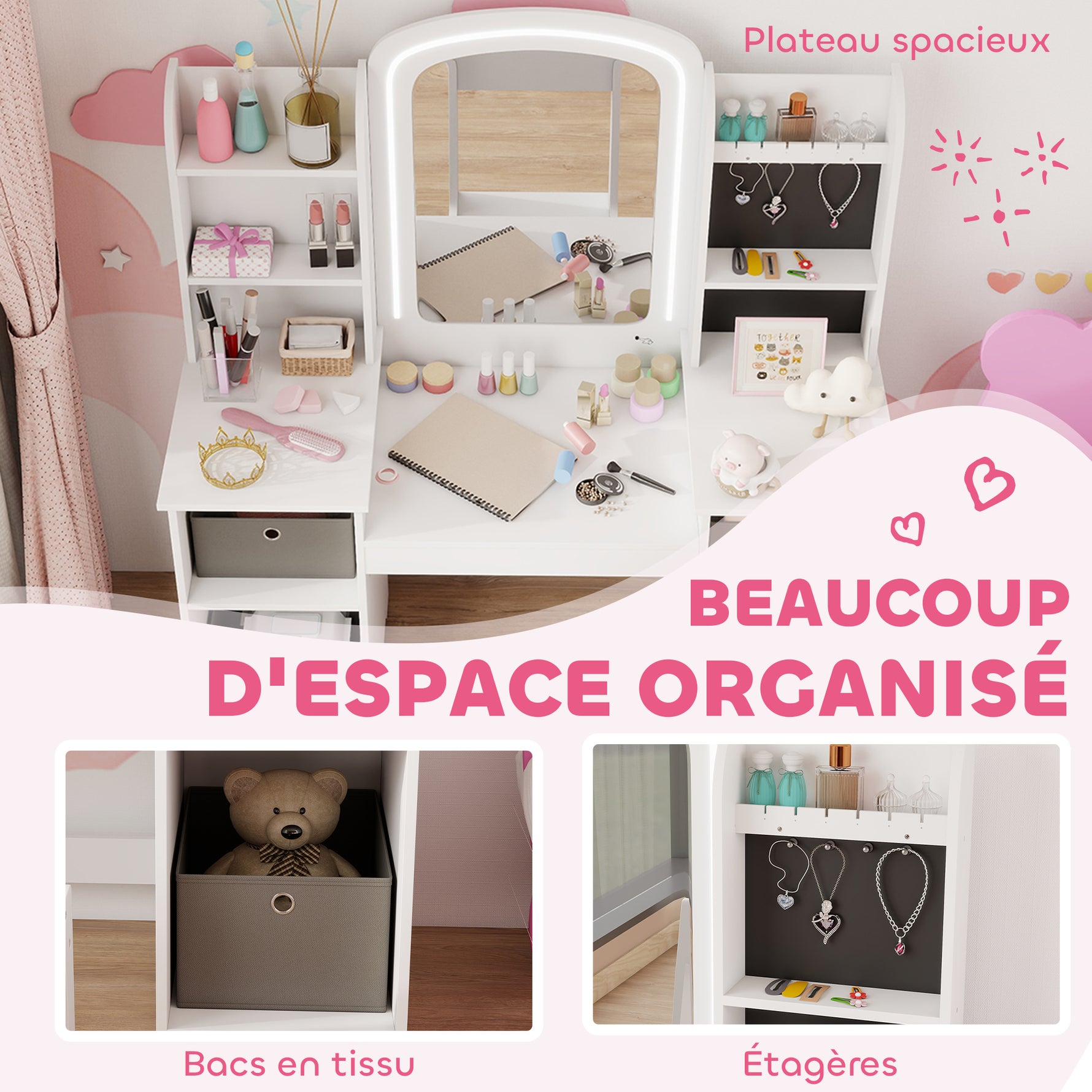 Coiffeuse pour enfants avec tabouret et miroir LED, table de maquillage pour 3 à 8 ans, 104 x 40 x 112 cm, blanc