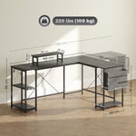Bureau d'angle modulable réversible 168-240 cm style industriel - étagère réglable, sac de rangement, support d'écran