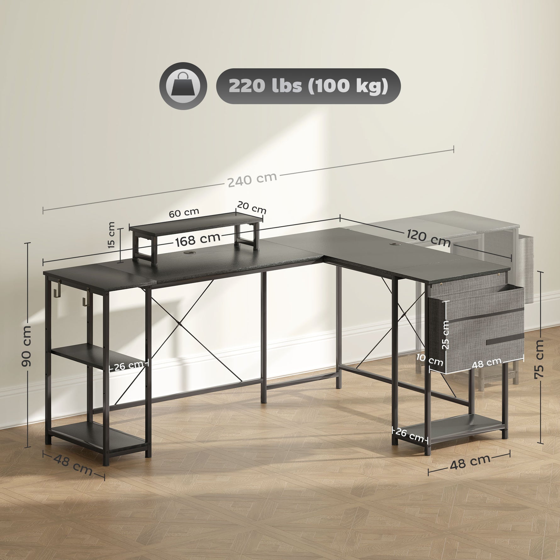 Bureau d'angle modulable réversible 168-240 cm style industriel - étagère réglable, sac de rangement, support d'écran