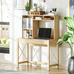 Bureau avec rangement bureau bibliothèque en bois avec étagères et grand plateau pour petits espaces, aspect chêne