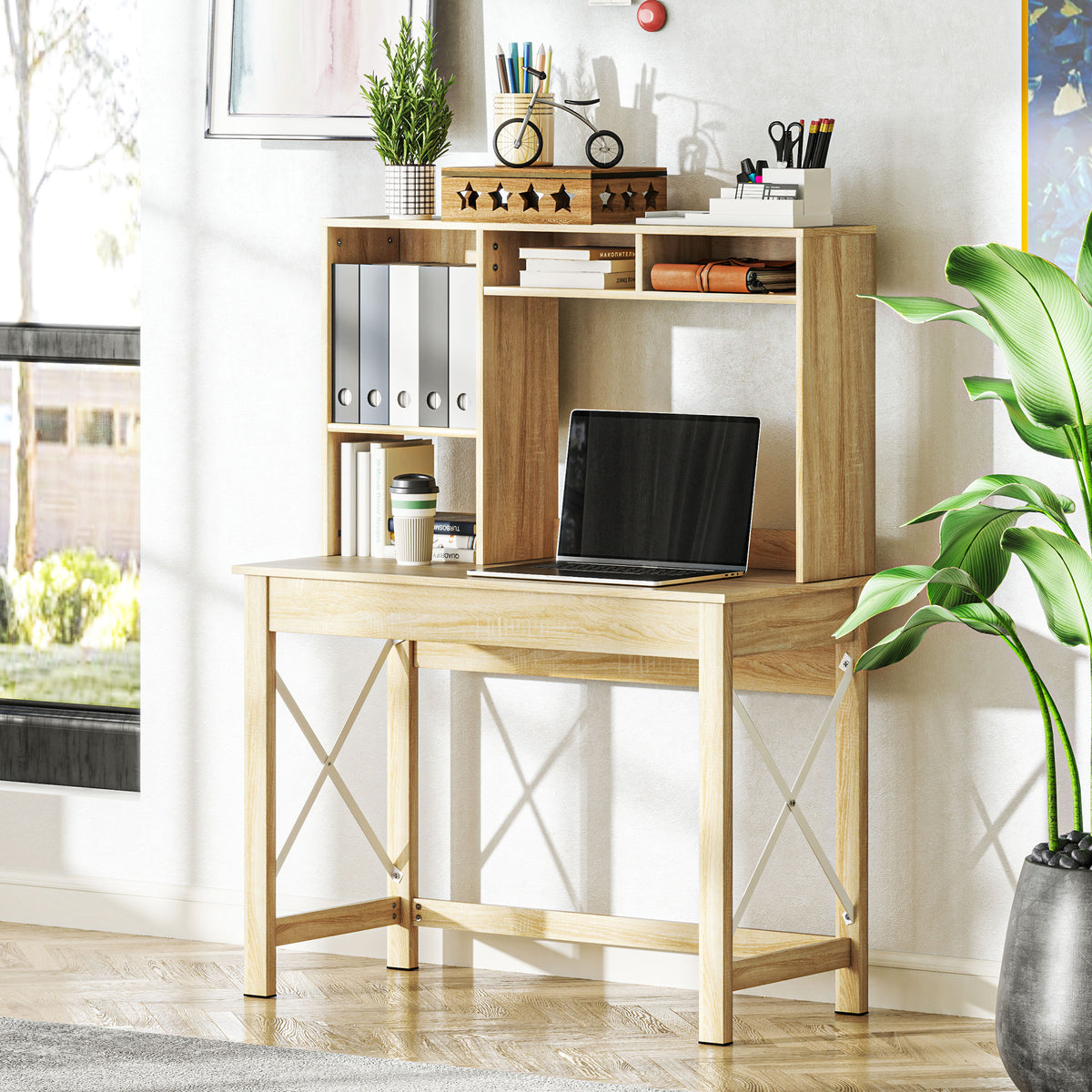 Bureau avec rangement bureau bibliothèque en bois avec étagères et grand plateau pour petits espaces, aspect chêne