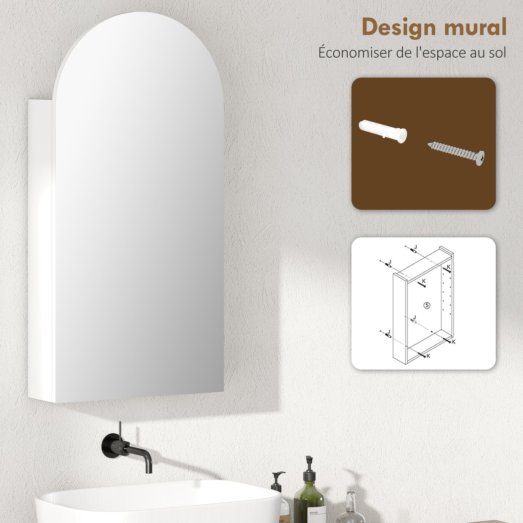 Armoire murale salle de bain avec miroir, meuble salle de bain sans cadre en arche et étagères en verre réglables, blanc