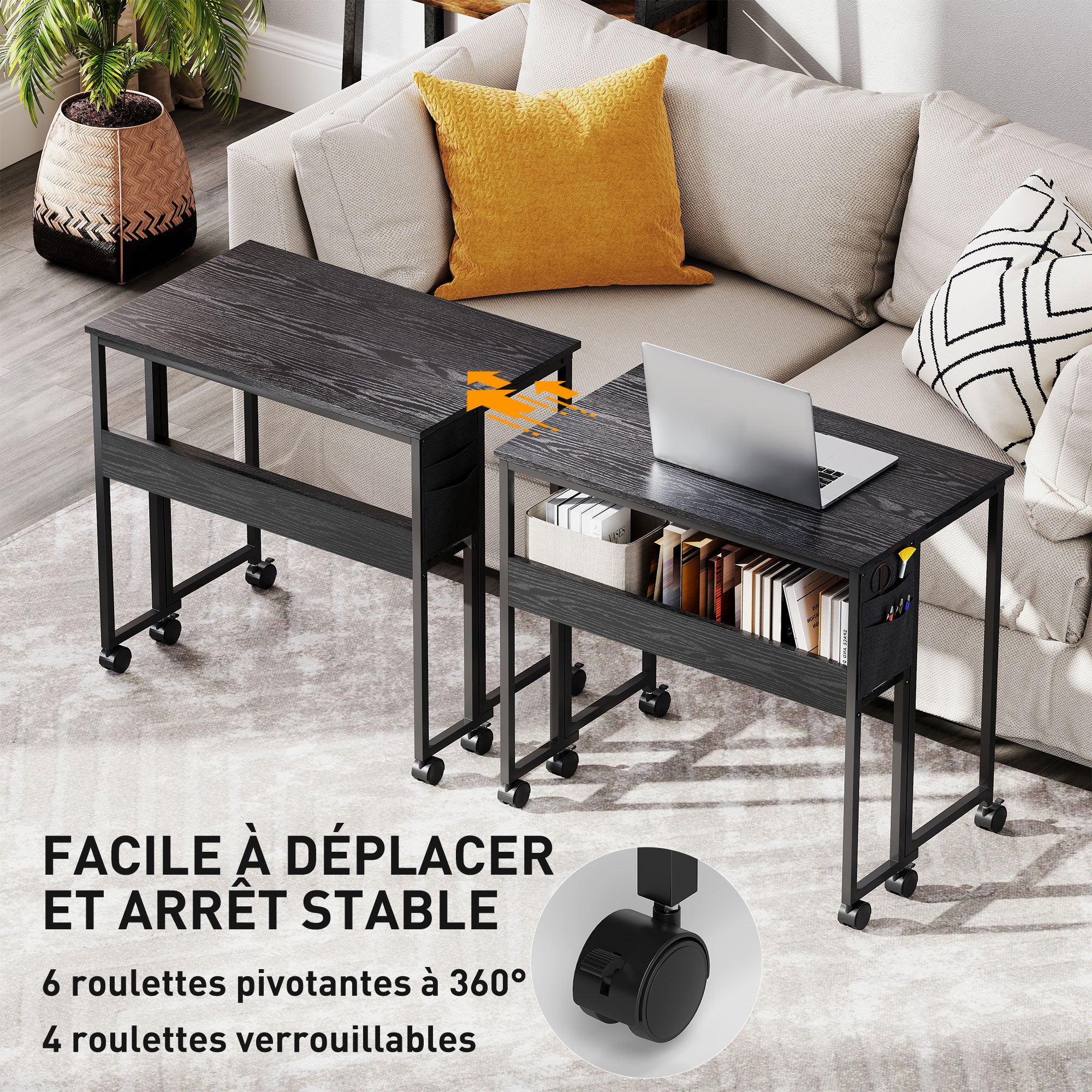 Bureau pliable sur roulettes 80 x 50 cm avec étagère et sac de rangement, noir