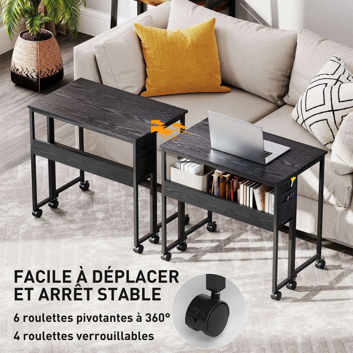 Bureau pliable sur roulettes 80 x 50 cm avec étagère et sac de rangement, noir