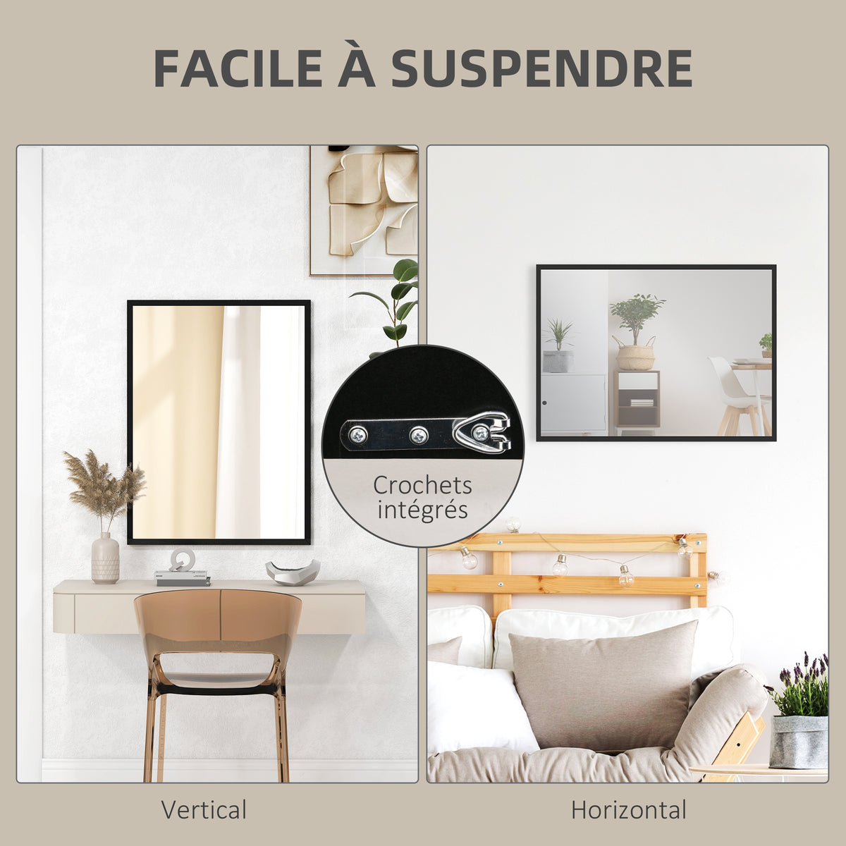 Miroir mural rectangulaire 80 x 60 cm, cadre en bois noir, idéal pour la salle de bain, salon ou chambre