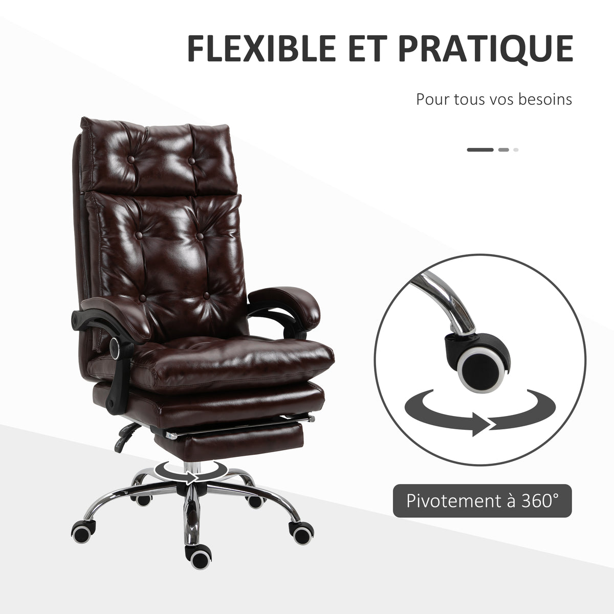 Fauteuil de bureau chaise de bureau ergonomique avec hauteur réglable dossier inclinable repose-pied rétractable marron