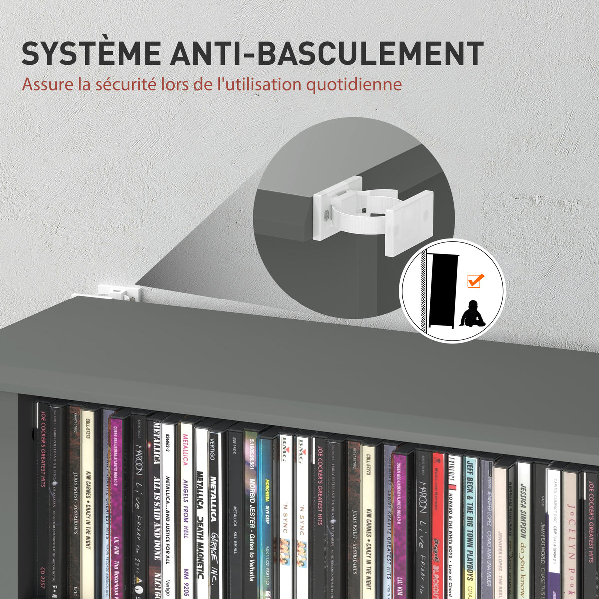 Rangements pour CD et DVD avec 8 compartiments et 6 étagères réglables, capacité max. 360 CD/185 DVD et Blu-ray, gris