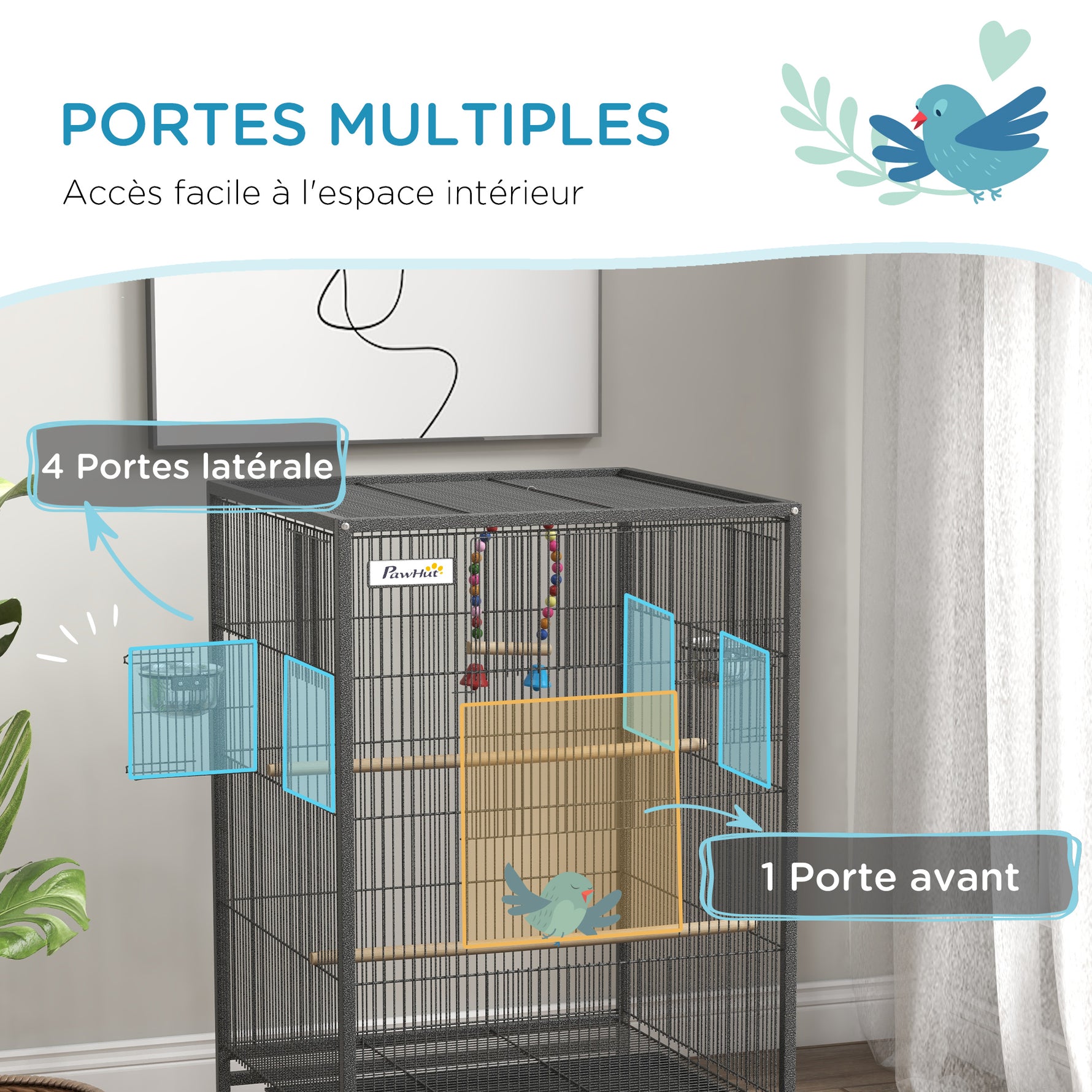 Cage oiseau sur pied cage sur roulettes avec balançoire, perchoirs et plateau coulissant 48 x 46 x 78 cm en acier noir