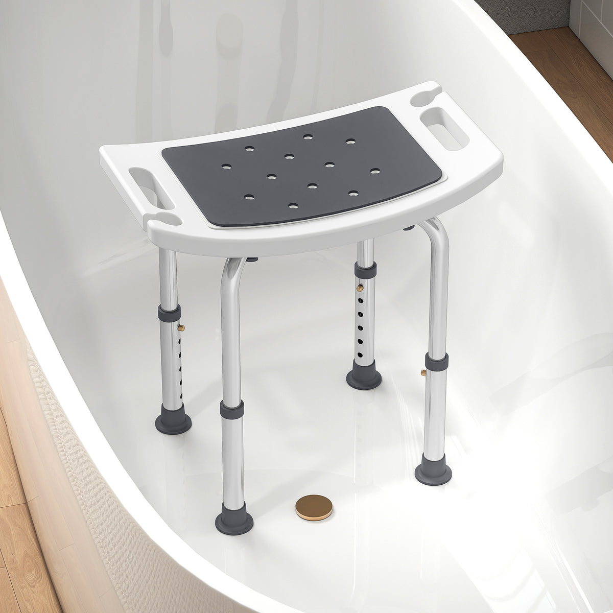 Sedile doccia regolabile in altezza, sgabello doccia ergonomico, piedini antiscivolo, carico max. 135 kg, alluminio HDPE, grigio