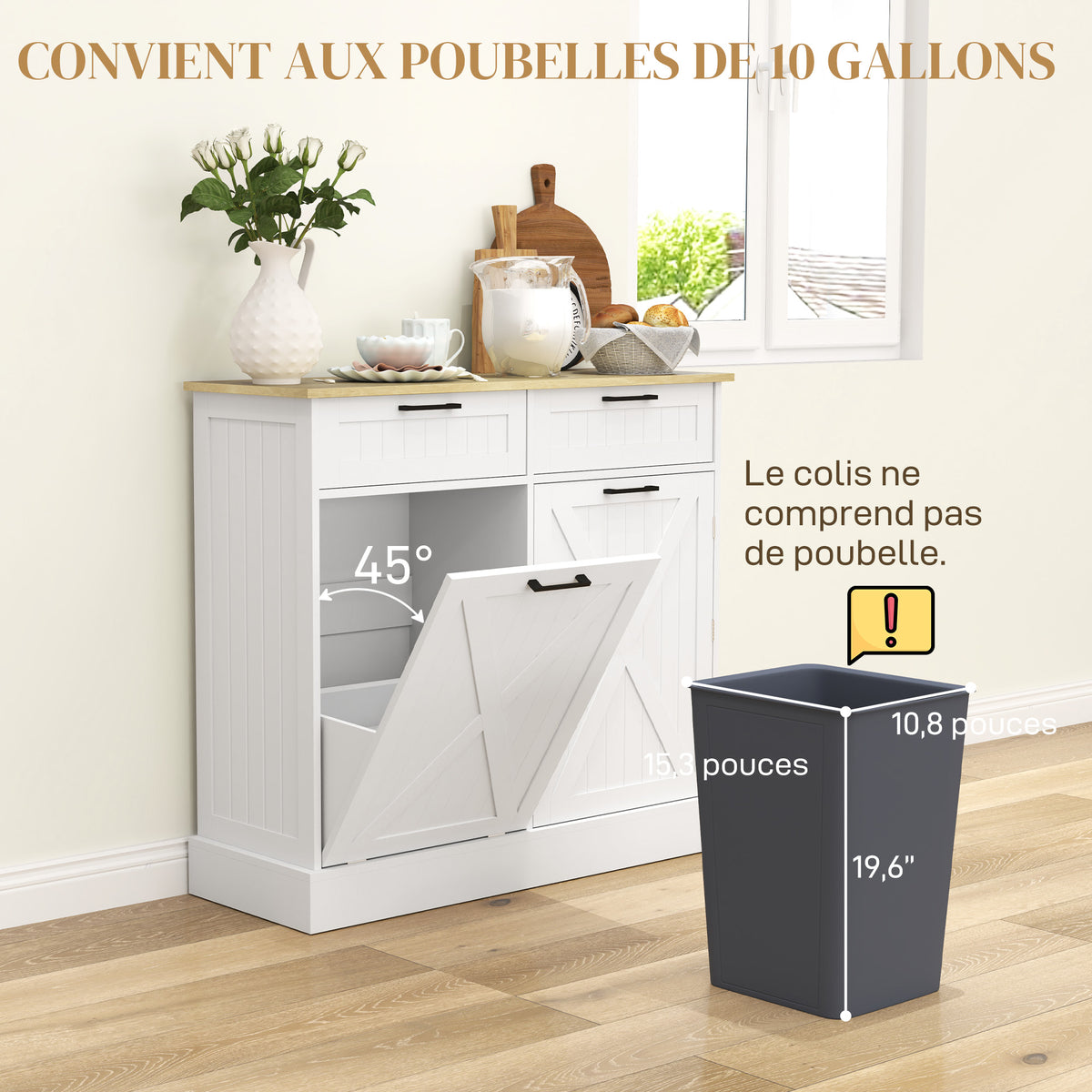 Credenza da cucina con mobiletto per pattumiera da 38L, mobile da cucina, 2 cassetti, portaspezie e piano di lavoro, bianco