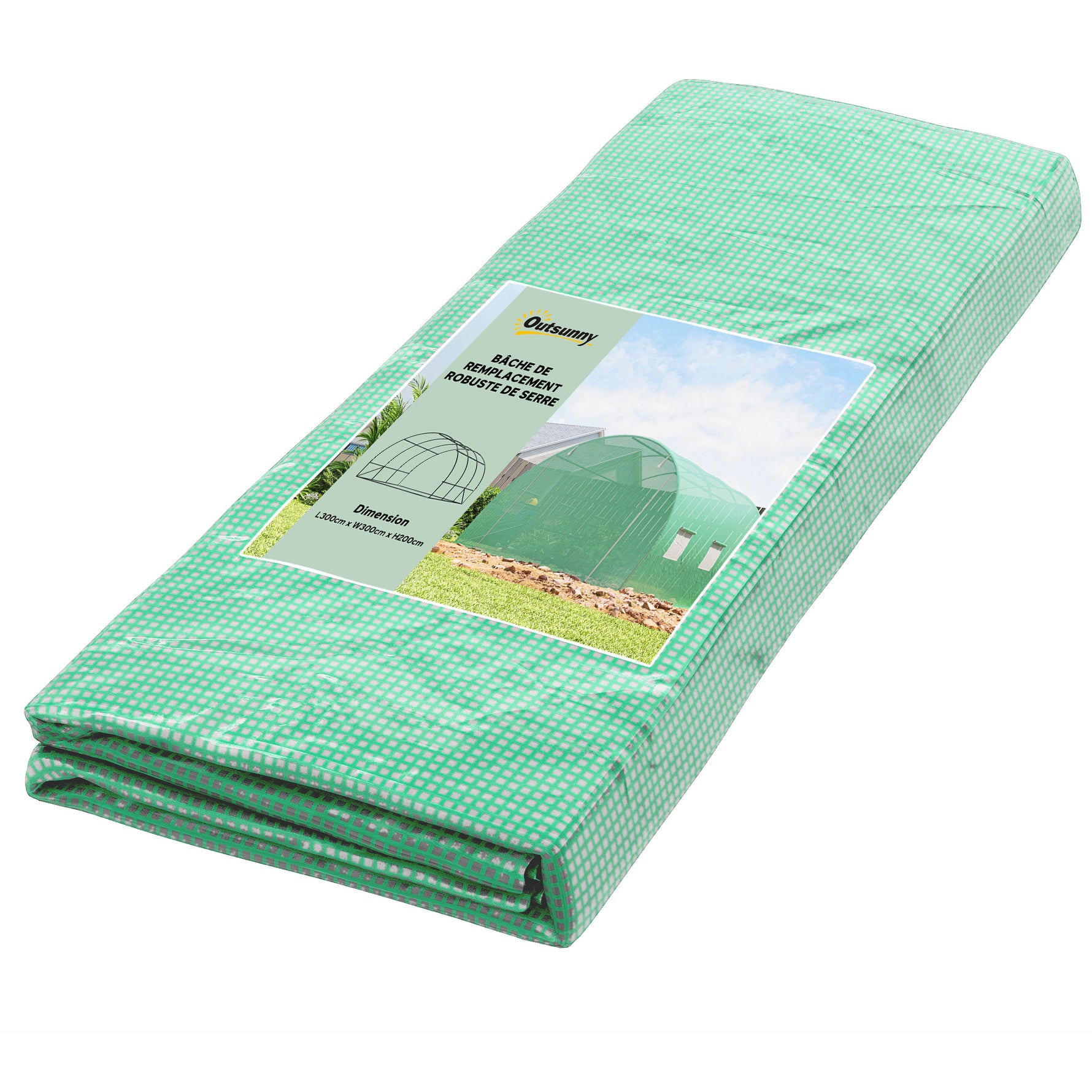 Bâche de Rechange Serre Tunnel 9 m², bâche 3 x 3 x 2 m PE Anti-UV imperméable 6 fenêtres + Porte Enroulable zippée Vert foncé