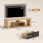Meuble TV 140 cm, Meuble Télé pour 65 Pouces avec Étagères en Verre Réglables, Tiroir et Compartiments Ouverts, Chêne