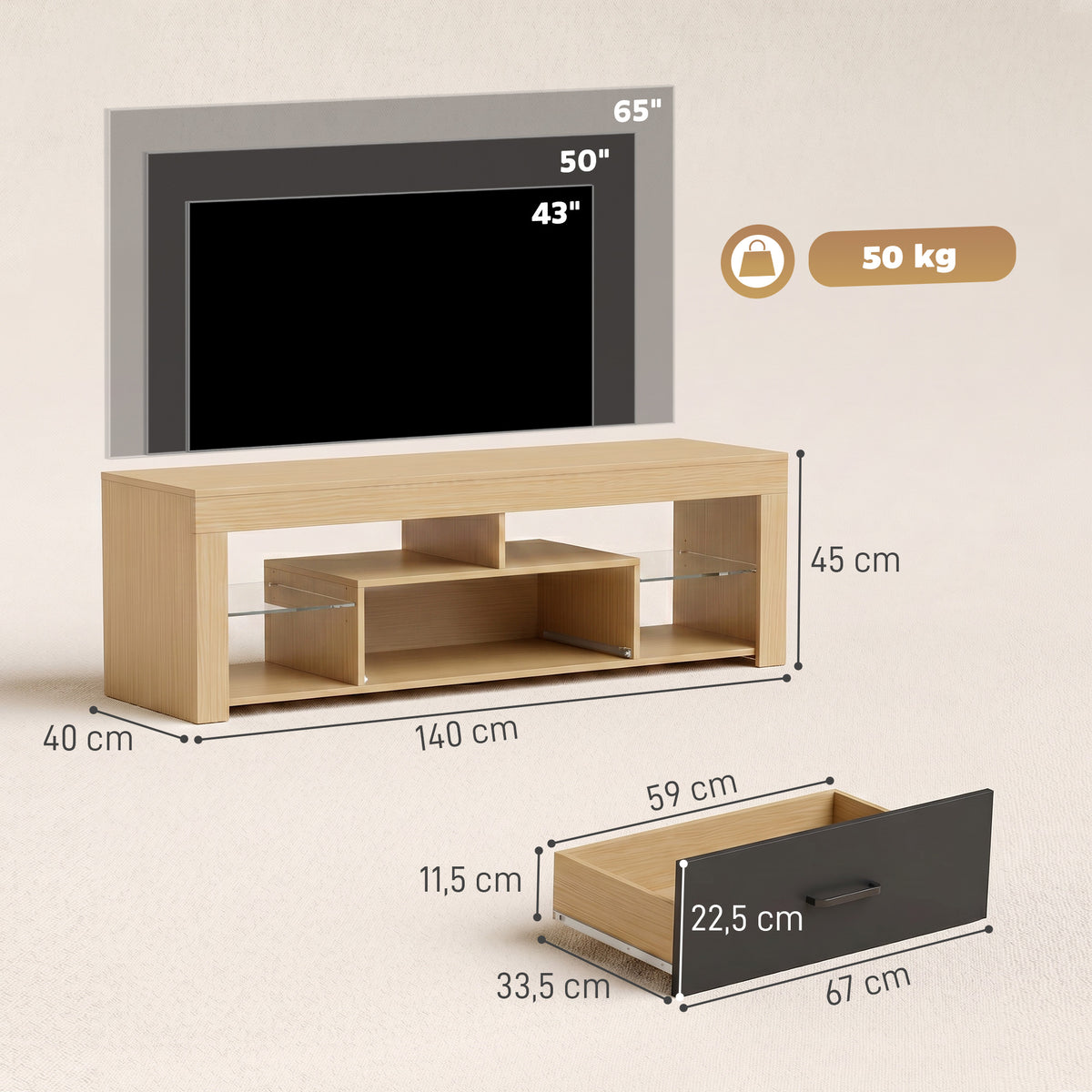 Meuble TV 140 cm, Meuble Télé pour 65 Pouces avec Étagères en Verre Réglables, Tiroir et Compartiments Ouverts, Chêne