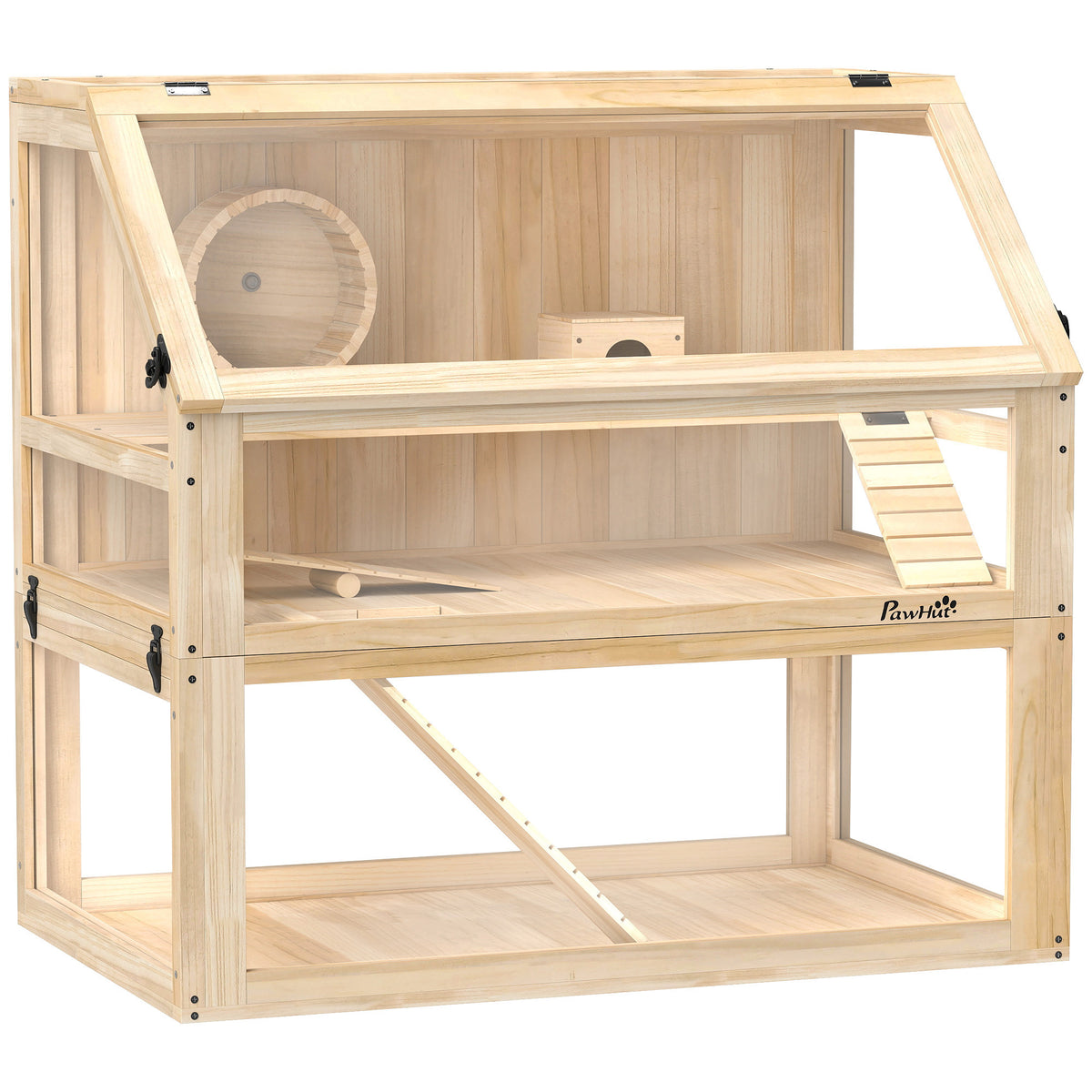 Cage hamster rongeur à 3 niveaux fond amovible de 31 cm de profondeur cabane balançoire 80x50x76cm finition bois naturel