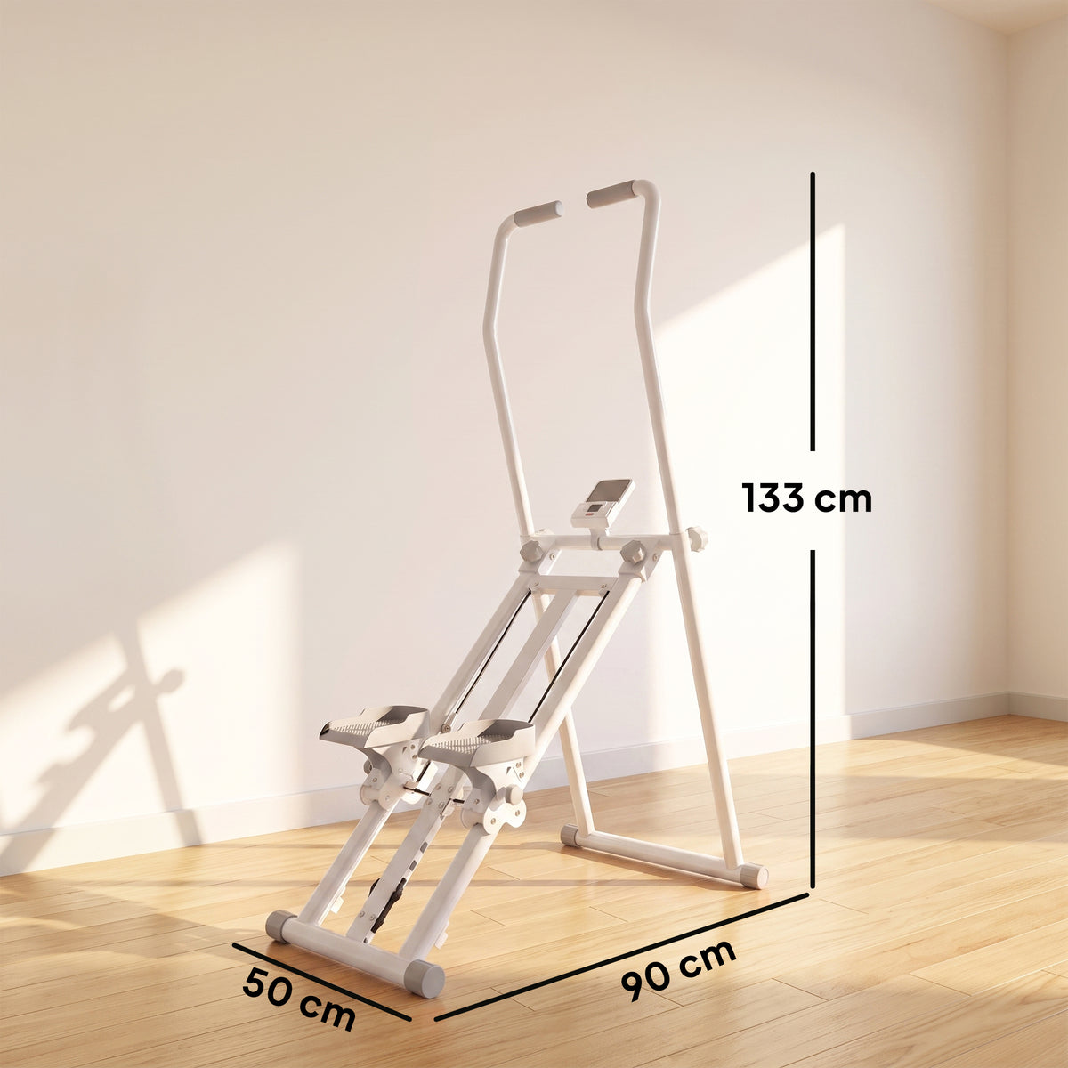Stepper d'Escalier Pliable, 3 Niveaux de Résistance, Hauteur Réglable, Écran LCD, Charge 150 kg, 90x50x133cm, Blanc