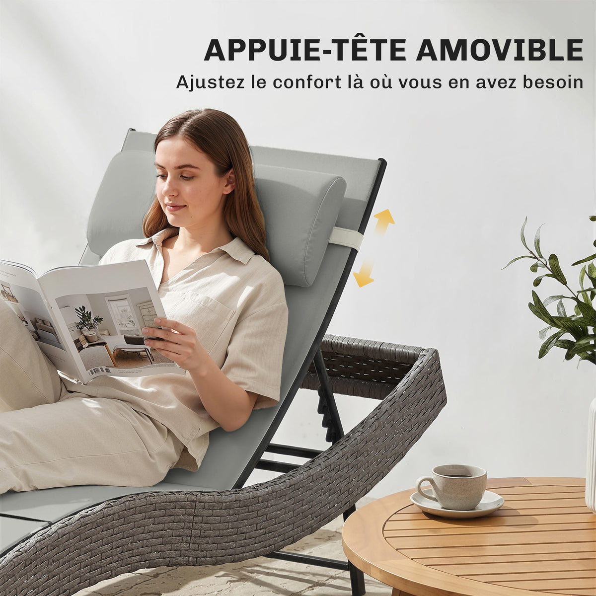 Chaise longue en résine tressé, bain de soleil avec dossier réglable 5 positions et appui-tête, 198 x 61 x 44 cm, gris