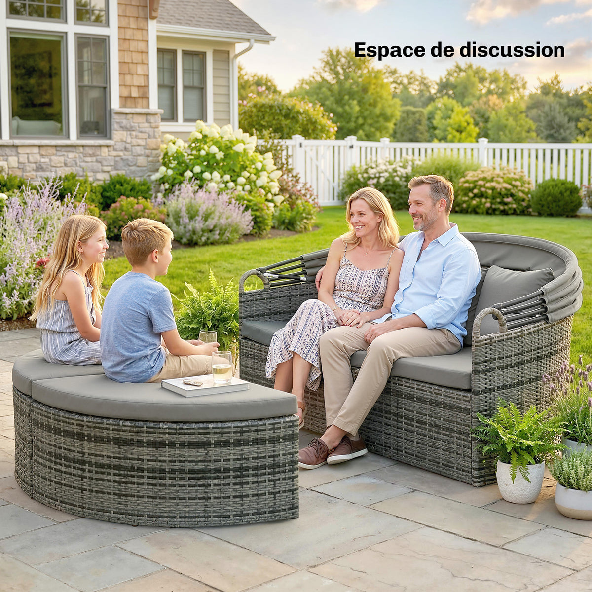 Lettino prendisole rotondo, letto da giardino modulabile 3 pezzi in polyrattan con tettuccio retrattile, grigio chiaro