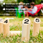 Jeu de quilles finlandaises, jeu de plein air en bois de pin 12 quilles 1 bâton 1 boîte de transport effet bois naturel