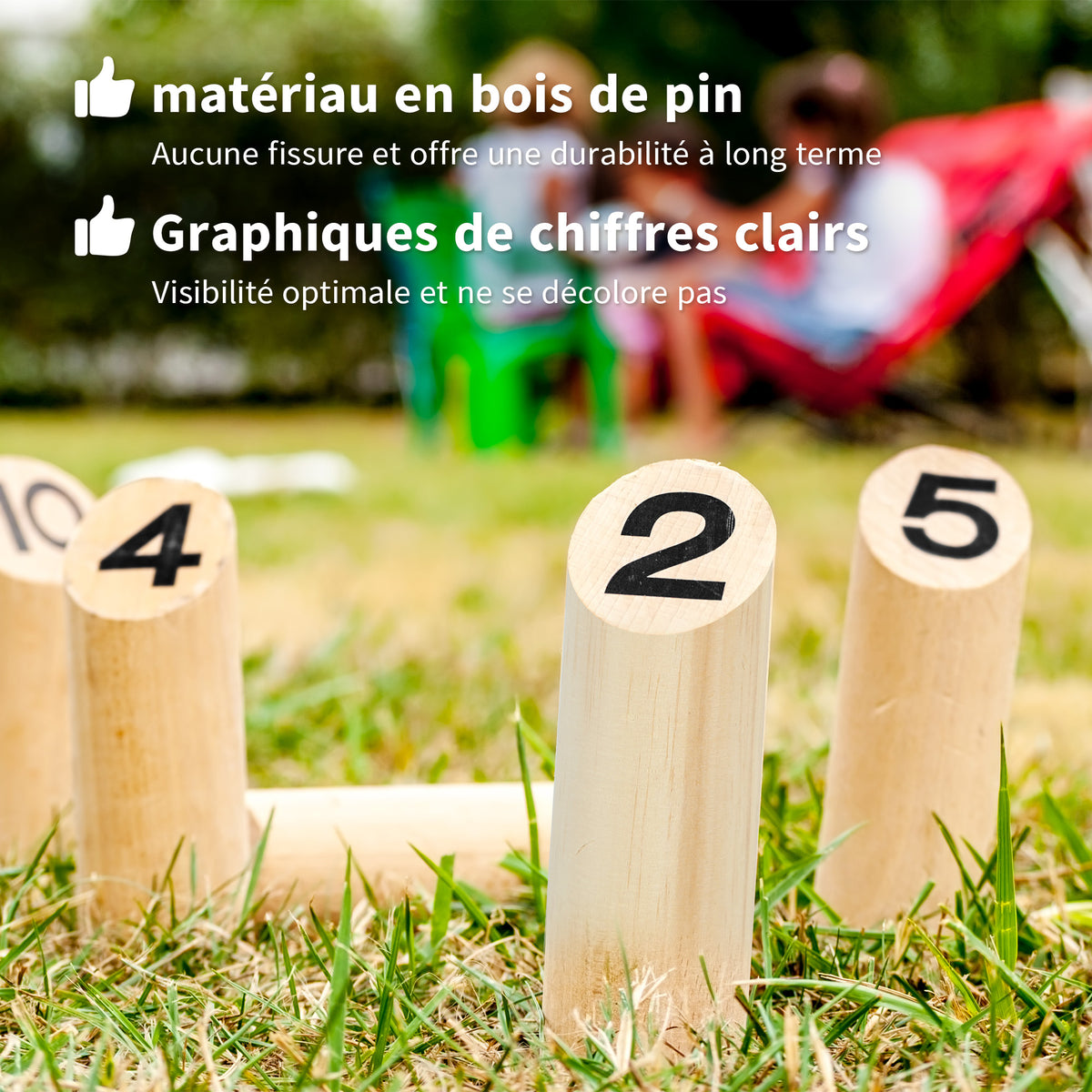 Jeu de quilles finlandaises, jeu de plein air en bois de pin 12 quilles 1 bâton 1 boîte de transport effet bois naturel
