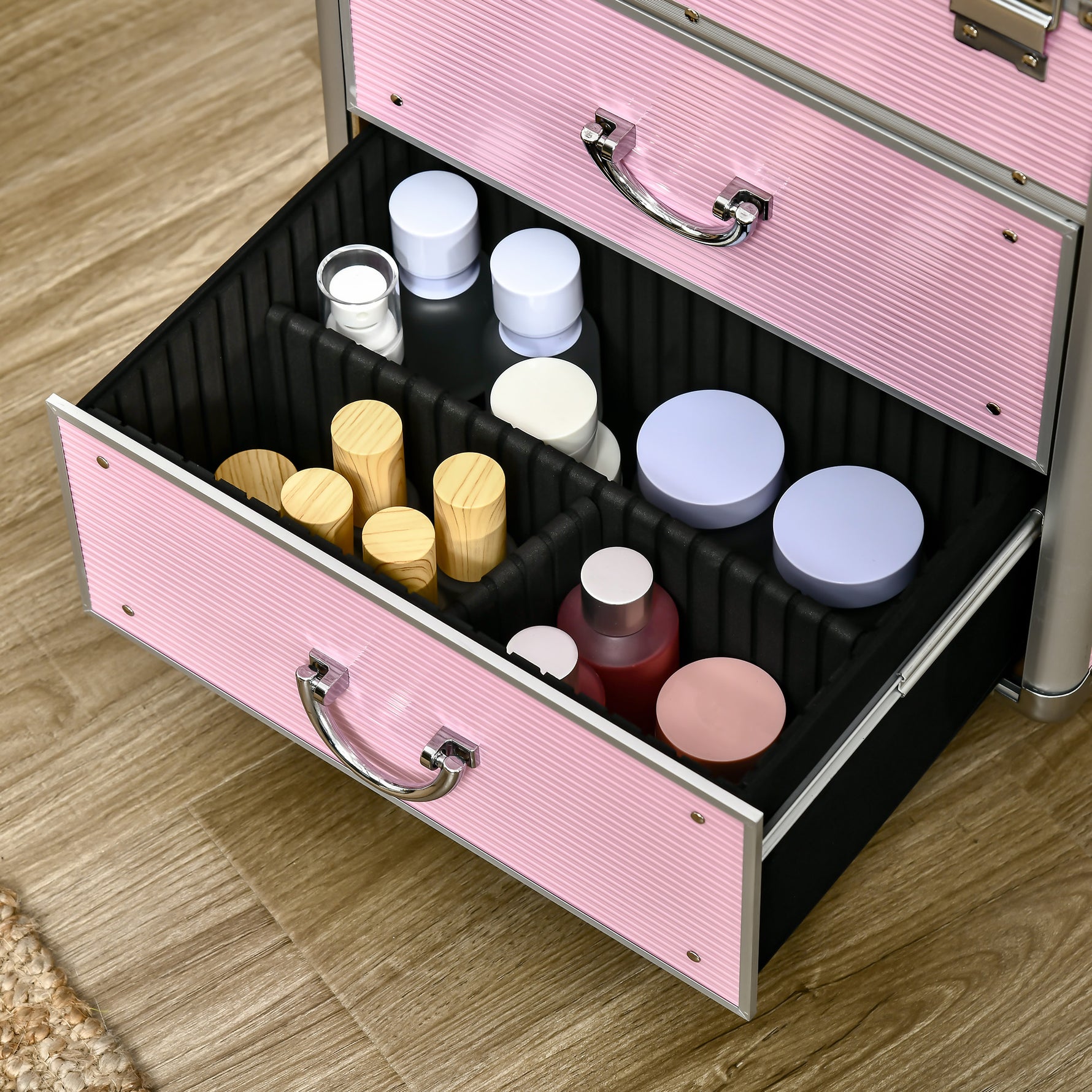 Valise trolley maquillage mallette cosmétique vanity poignée télescopique réglable 36L x 23l x 58H cm alu ABS rose