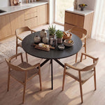 Table à Manger Ronde pour 4 Personnes 100 cm, Style Industriel avec Plateau Aspect Bois, Piètement Croisé en Acier, Noir