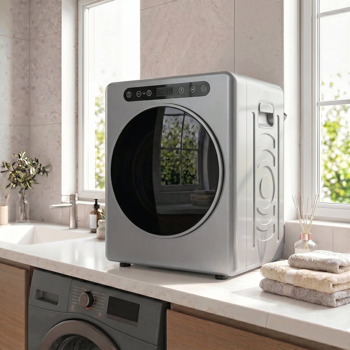 Ablufttrockner, elektrischer Wäschetrockner 1000 W 3 kg, 6 Trockenmodi, Timer, Edelstahl, silber