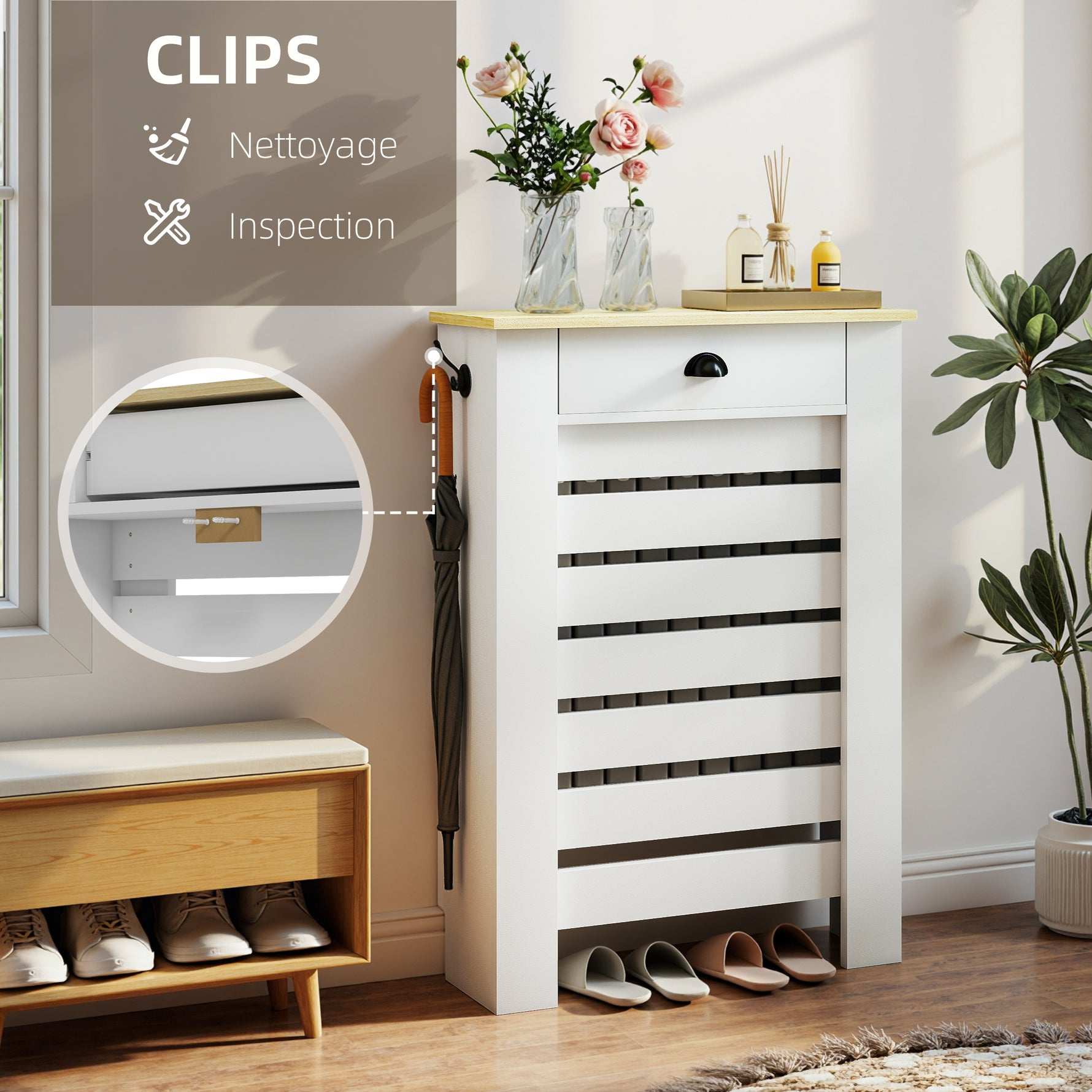Couvercle de radiateur cache radiateur grille à lattes horizontales avec 2 tiroirs en bois 78l x 19P x 95,5H cm blanc