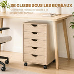 Caisson bureau mobile, meuble rangement sur roulettes avec 5 tiroirs, bois, 40 x 40 x 67 cm, chêne
