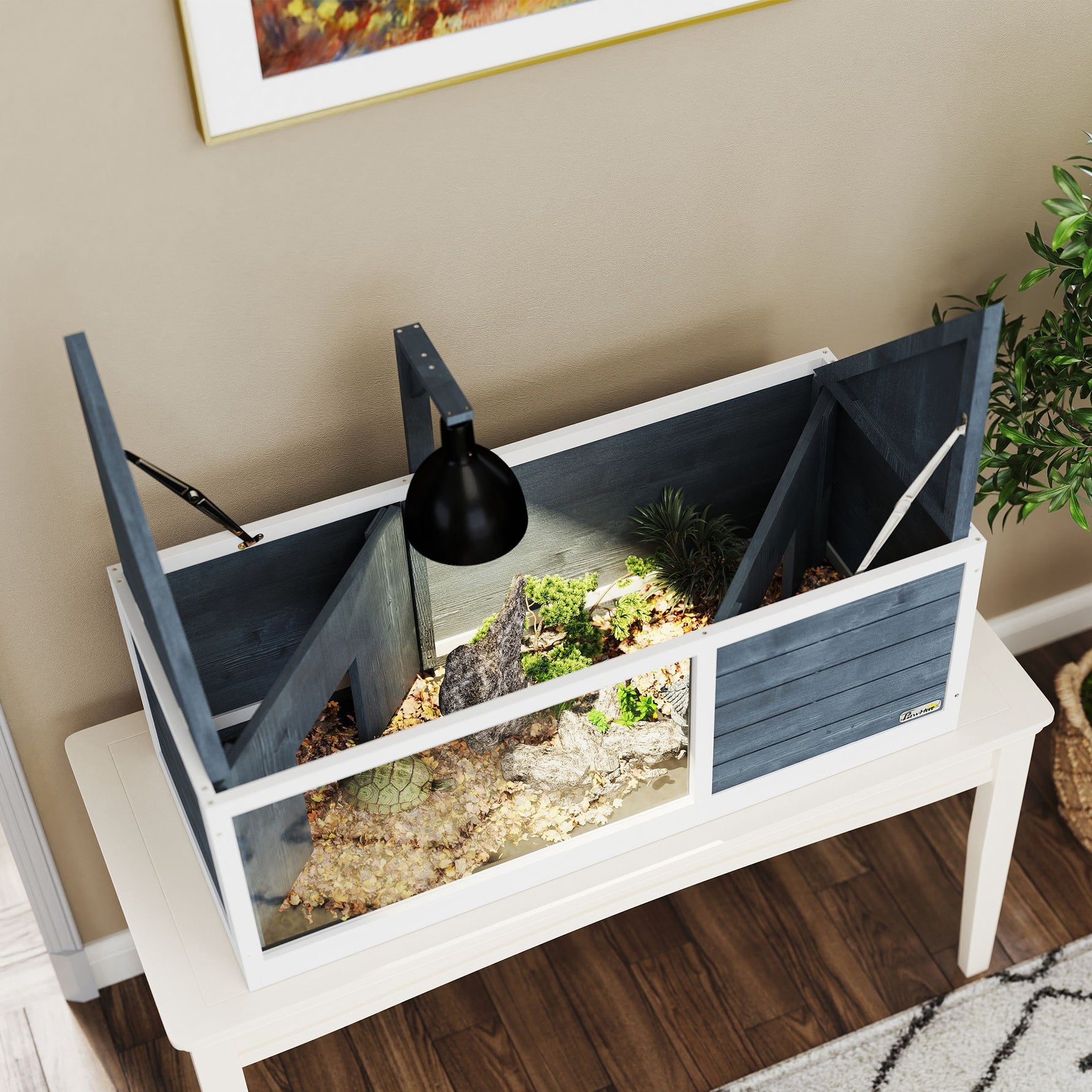 Maison pour tortues enclos avec toit ouvrant support lampe plateau fenêtre panoramique 120 x 50 x 40 cm gris