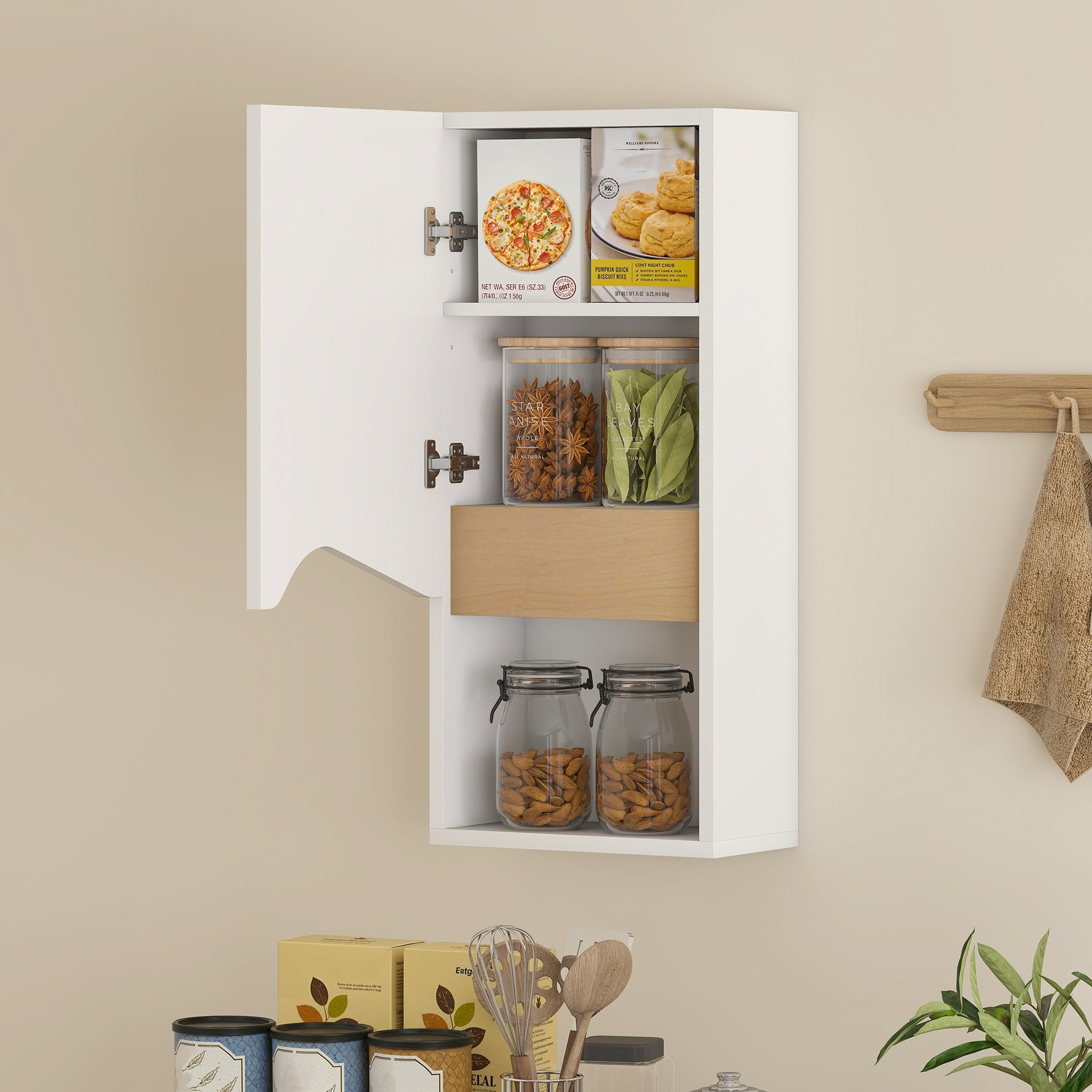 Armoire murale de salle de bain avec porte à fermeture douce, étagère réglable et compartiment ouvert, 30x17x67cm, blanc