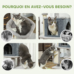 Arbre à chat, tour de jeux, hauteur de 104 cm, avec lit maison, brosse de toilettage,  44l x 34P x 104H cm, gris clair