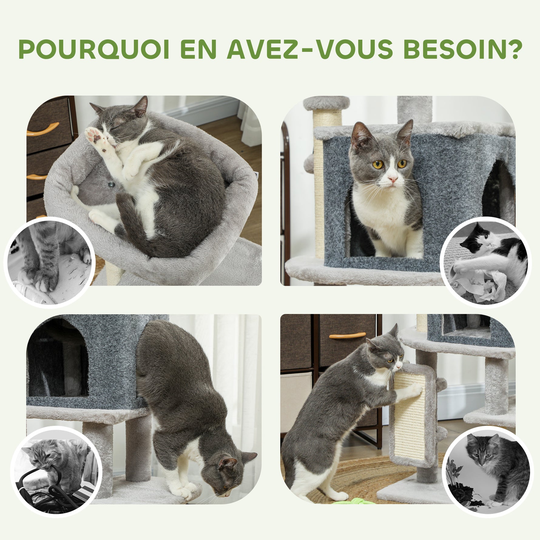 Arbre à chat, tour de jeux, hauteur de 104 cm, avec lit maison, brosse de toilettage,  44l x 34P x 104H cm, gris clair