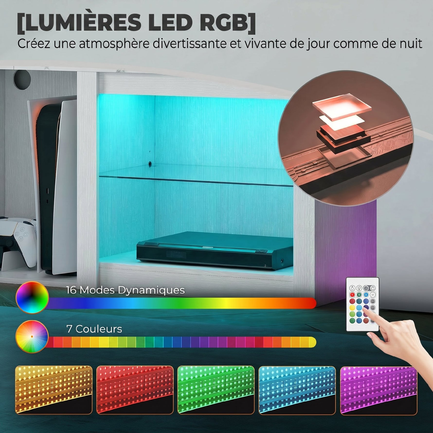 Meuble TV avec éclairage LED pour télévision jusqu'à 70 pouces, 160cm avec étagères en verre réglables, blanc