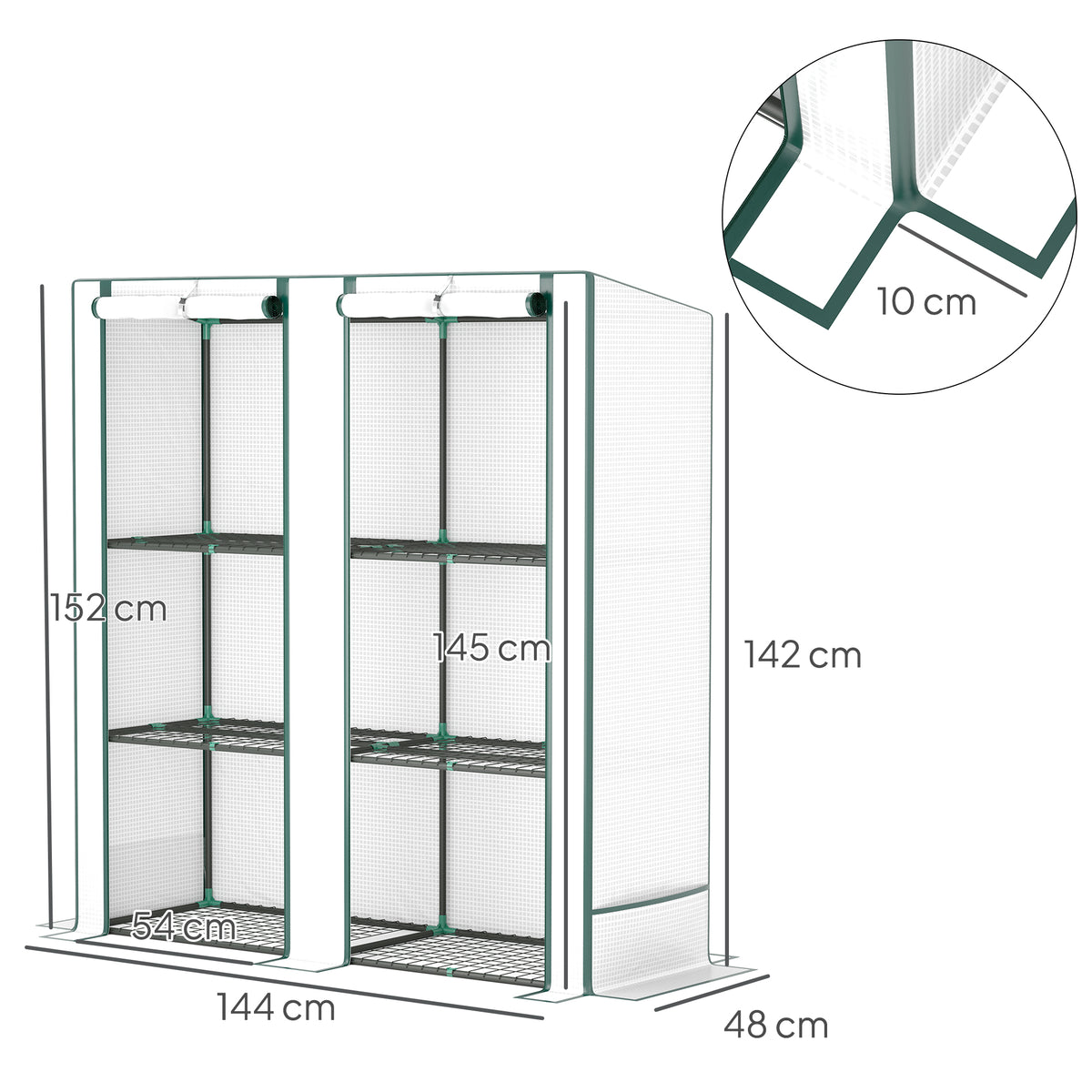 Serre de jardin avec étagères métalliques à 3 niveaux serre de balcon couverture PE toit incliné 144 x 48 x 152 cm blanc
